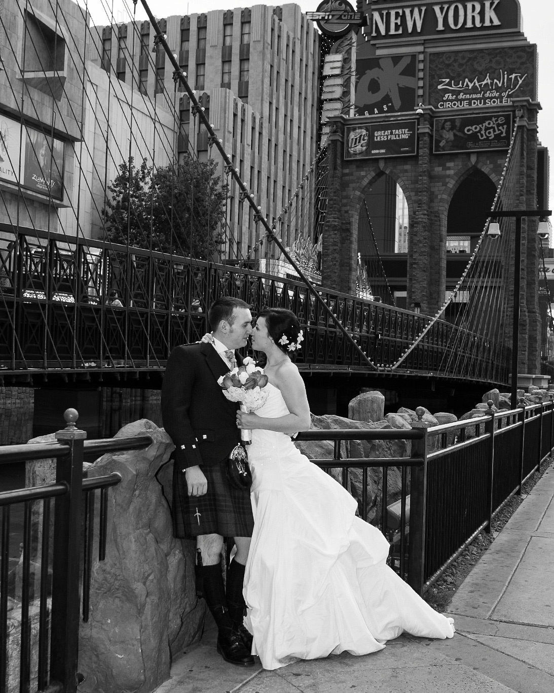 Las Vegas destination wedding couple at New York New York Hotel photographed in editorial black and white style