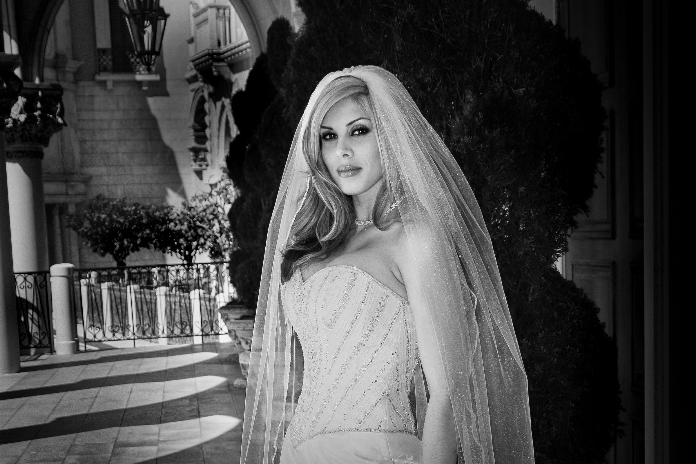 Black and white fine art editorial portrait of a destination luxury Las Vegas elopement bride