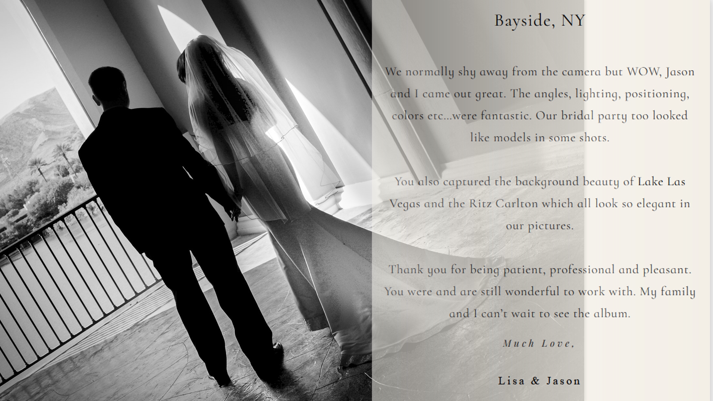 Lake Las Vegas wedding photographer testimonial section with refined architectural backdrop and quiet luxury atmosphere