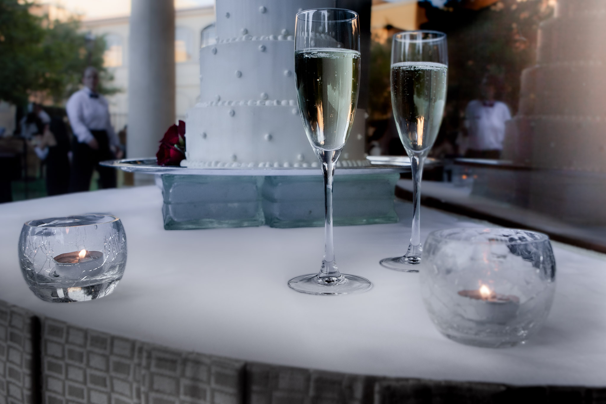 Private sunset reception at Lake Las Vegas with champagne and reflective table details