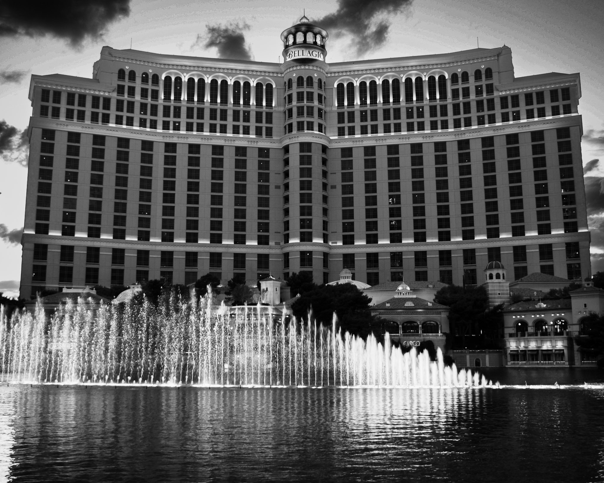 Las Vegas wedding photographer Bellagio fountains black and white architectural view