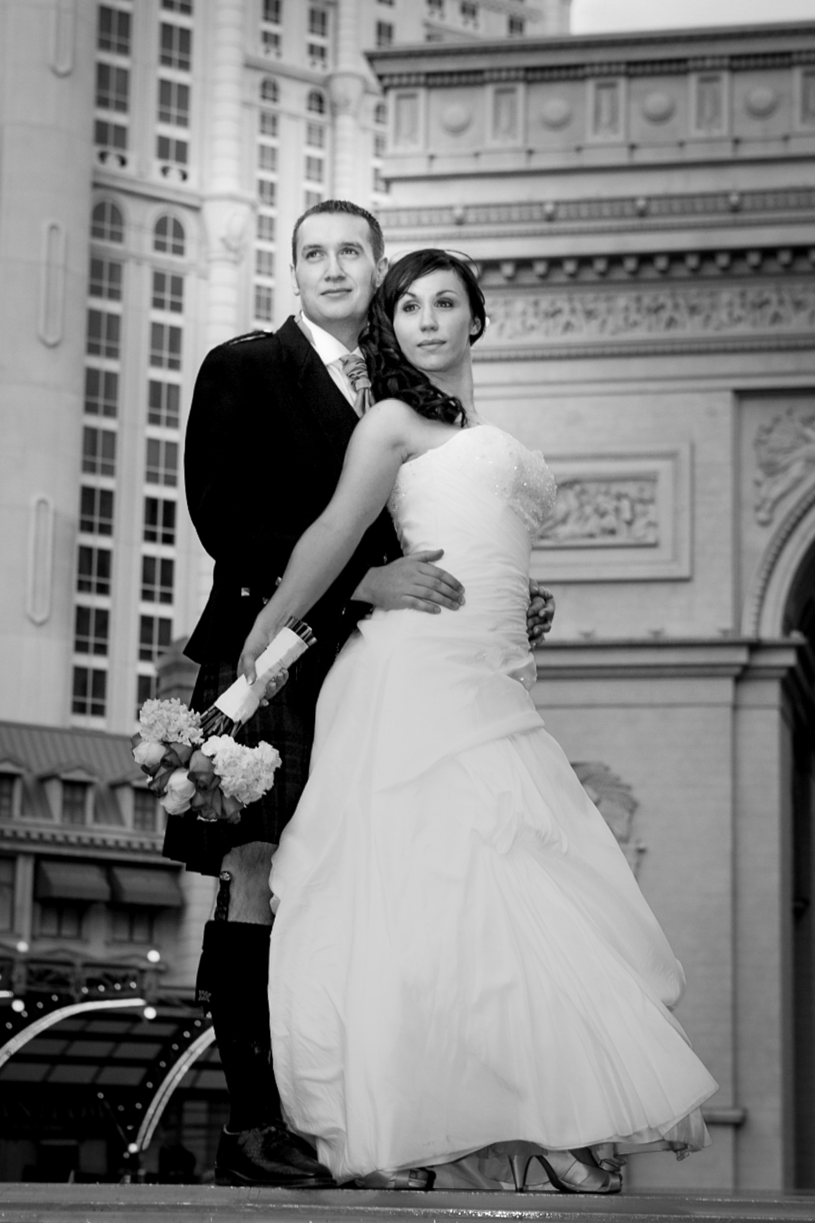 Timeless editorial black and white portrait of a bride and groom from photoshoot on the Strip led by Las Vegas Wedding Photographer Theresa Chavarria.