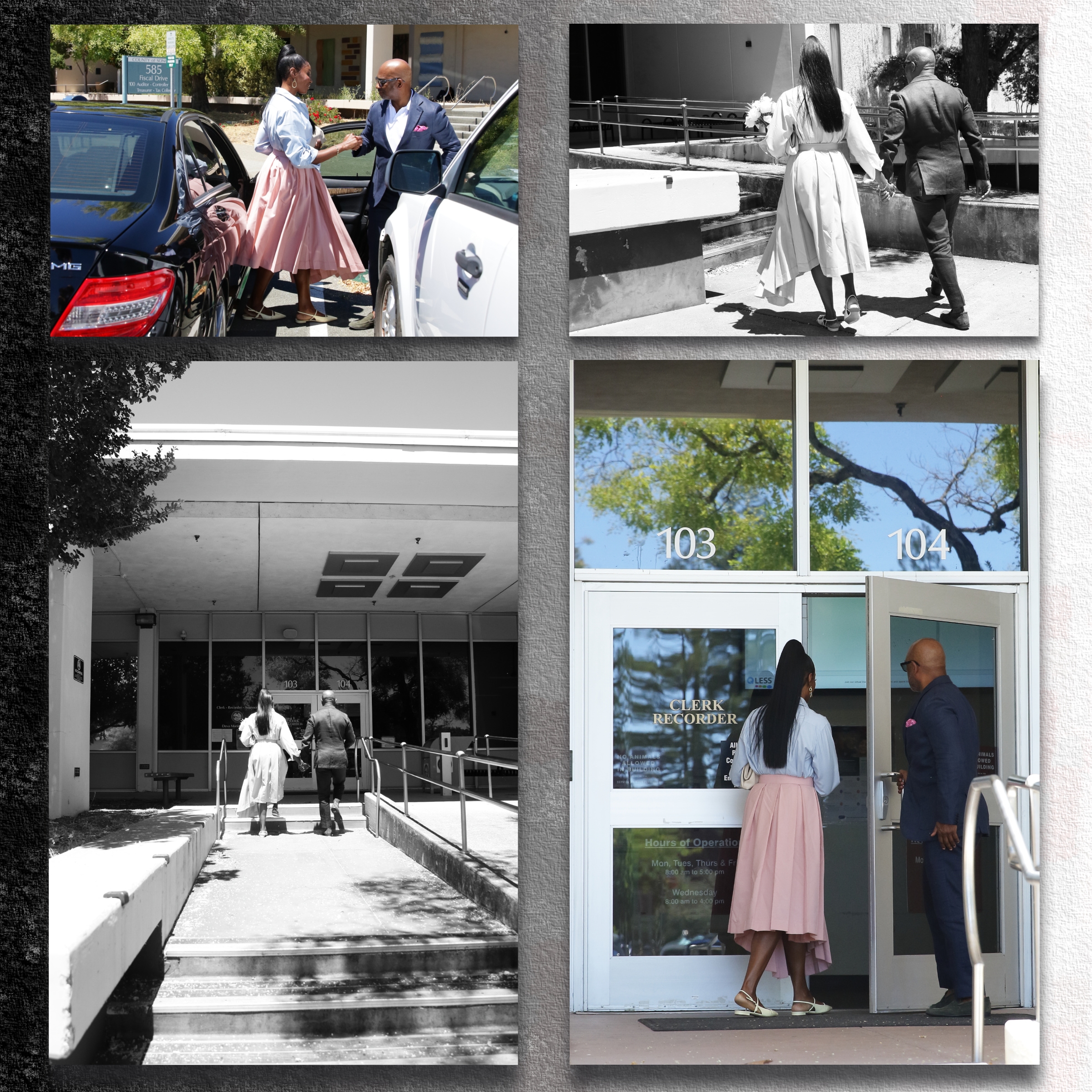 Photos of elopement couple arriving at the Sonoma County Courthouse before entering.