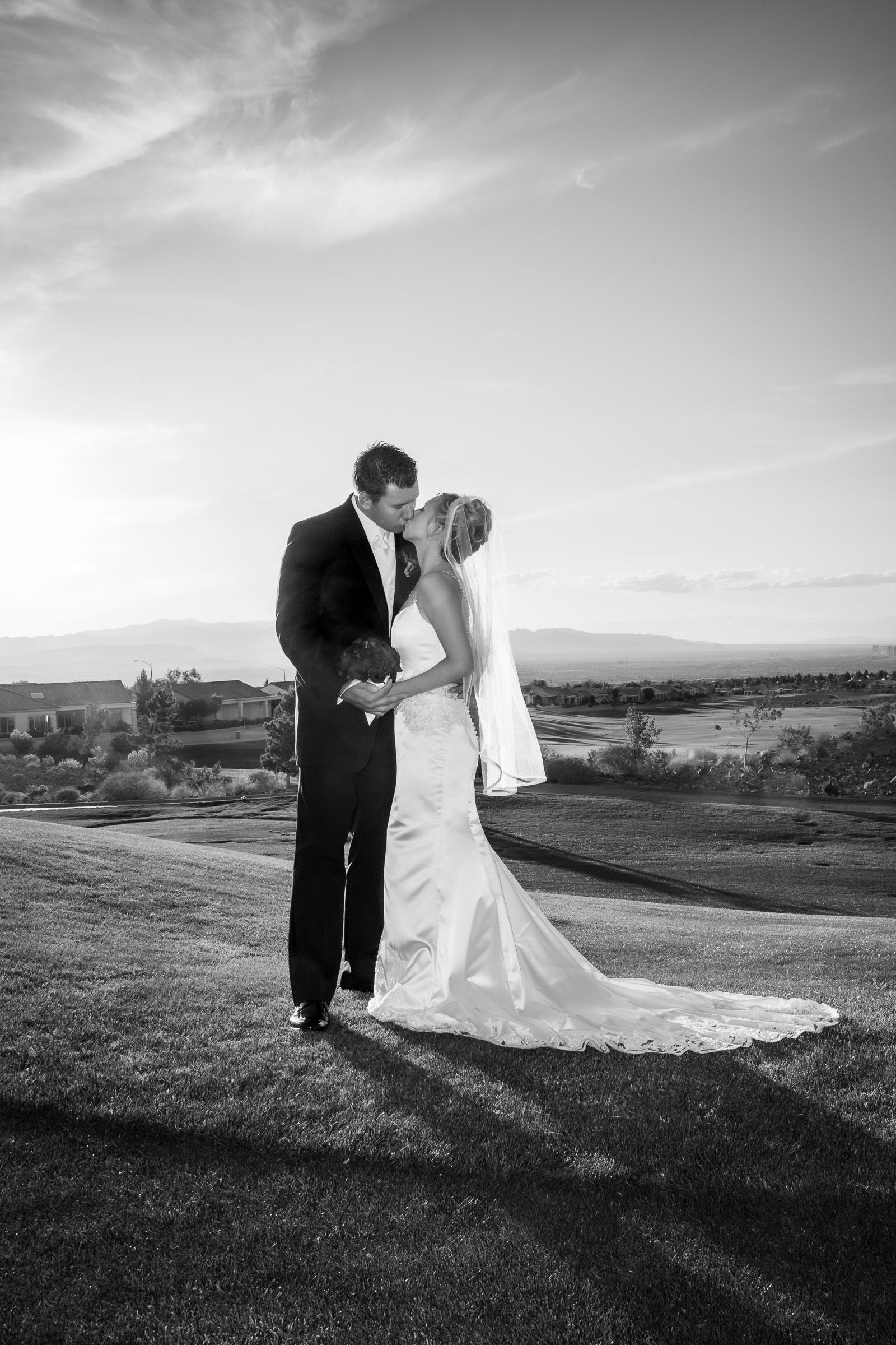 Wedding couple portrait at The Revere Golf Club in Henderson, NV. Editorial photo by Theresa Chavarria in black and white.